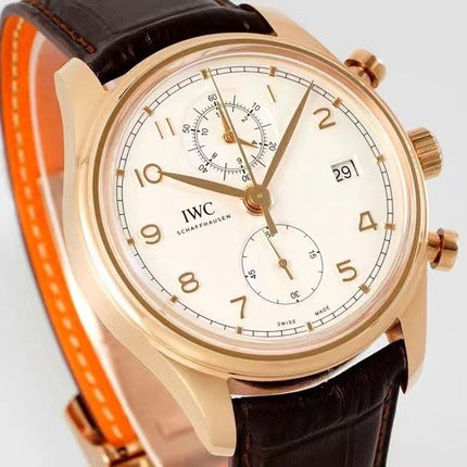 PORTUGIESER CHRONOGRAPH CLASSIC 42 MM GOLD CASE WITH BROWN LEATHER STRAP