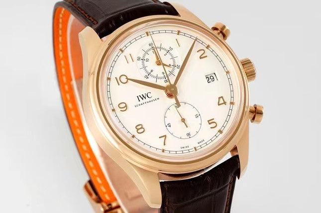 PORTUGIESER CHRONOGRAPH CLASSIC 42 MM GOLD CASE WITH BROWN LEATHER STRAP