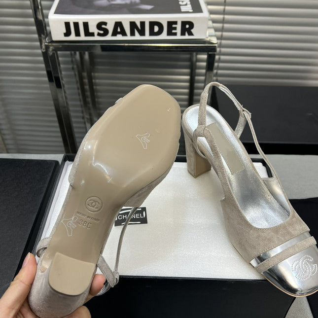 slingback grey suede silver metalic lambskin square toe 9.5