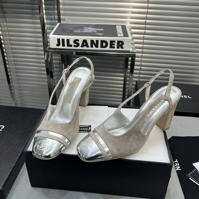 slingback grey suede silver metalic lambskin square toe 9.5