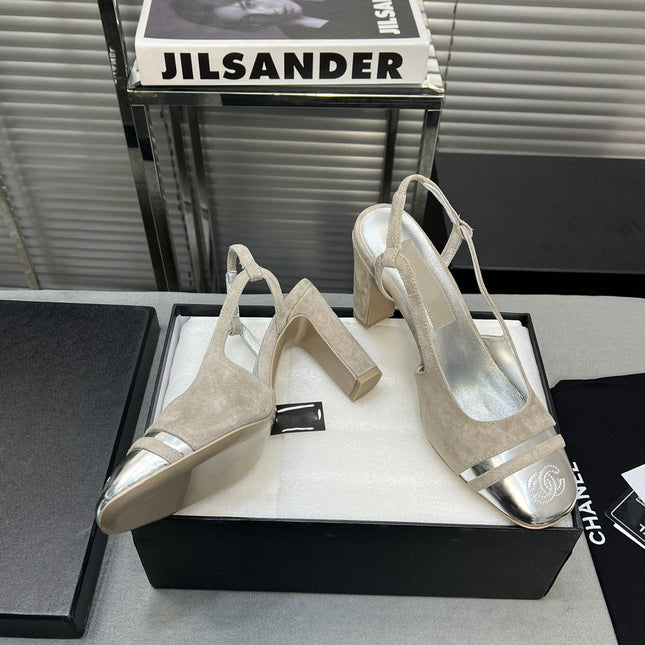 slingback grey suede silver metalic lambskin square toe 9.5