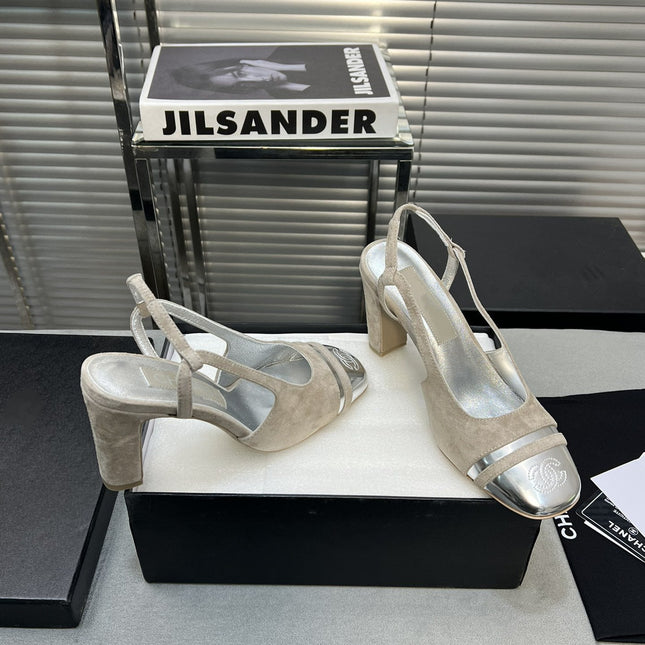 slingback grey suede silver metalic lambskin square toe 9.5