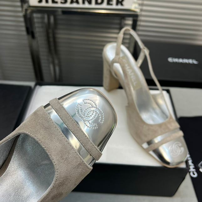 slingback grey suede silver metalic lambskin square toe 9.5