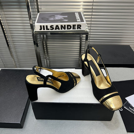 slingback black suede gold metalic lambskin square toe 9.5