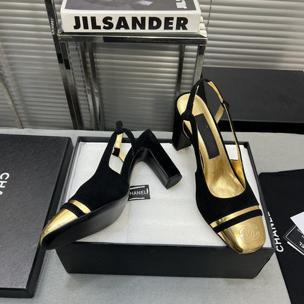 slingback black suede gold metalic lambskin square toe 9.5