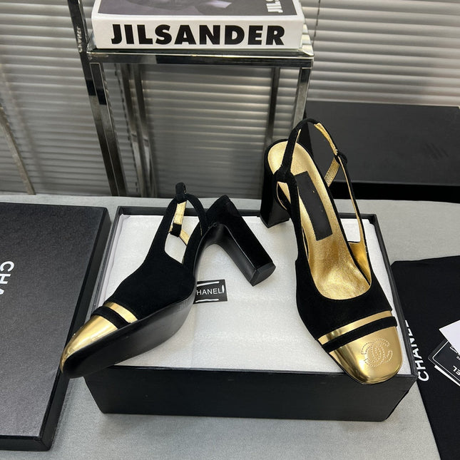 slingback black suede gold metalic lambskin square toe 9.5