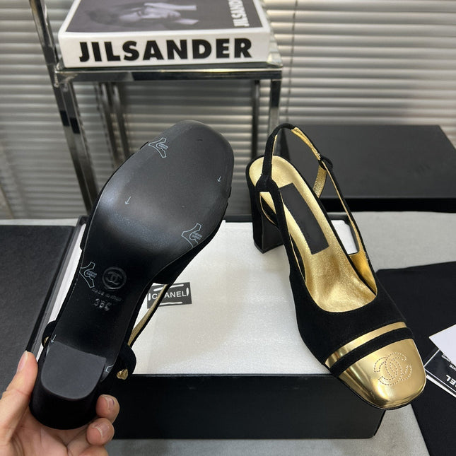 slingback black suede gold metalic lambskin square toe 9.5