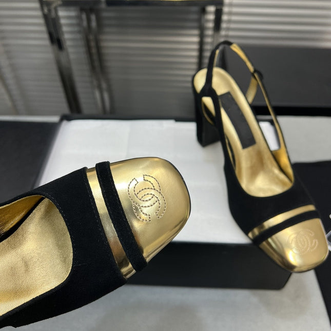 slingback black suede gold metalic lambskin square toe 9.5