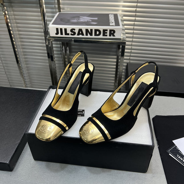 slingback black suede gold metalic lambskin square toe 9.5