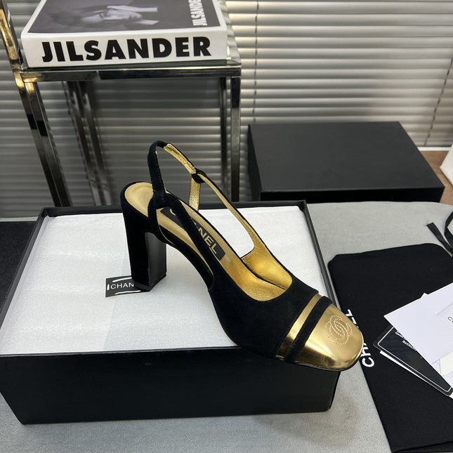 slingback black suede gold metalic lambskin square toe 9.5