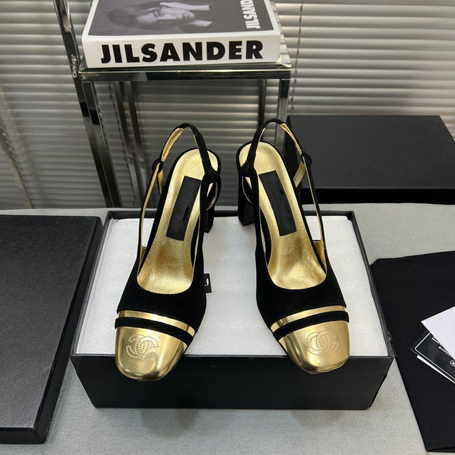 slingback black suede gold metalic lambskin square toe 9.5