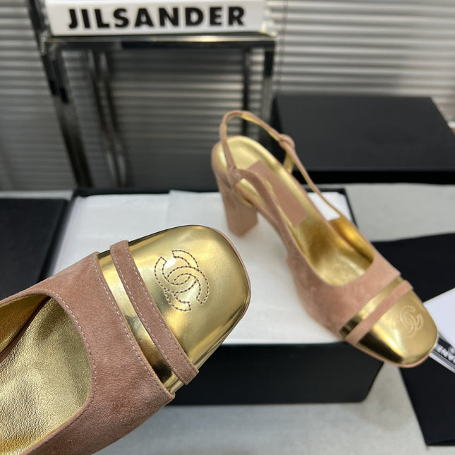 slingback rose suede gold metalic lambskin square toe 9.5