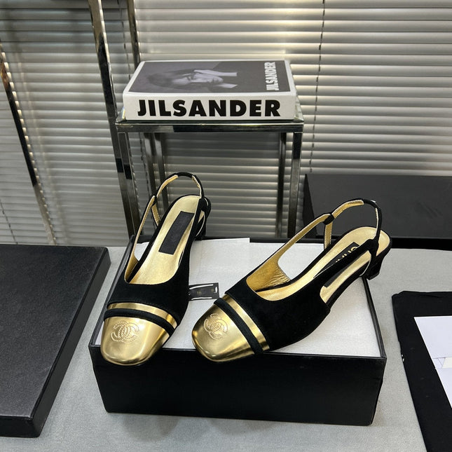 slingback black suede gold metalic lambskin square toe 5.0