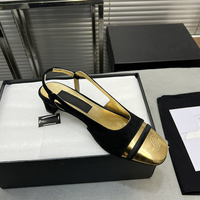 slingback black suede gold metalic lambskin square toe 5.0
