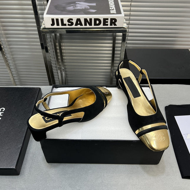 slingback black suede gold metalic lambskin square toe 5.0