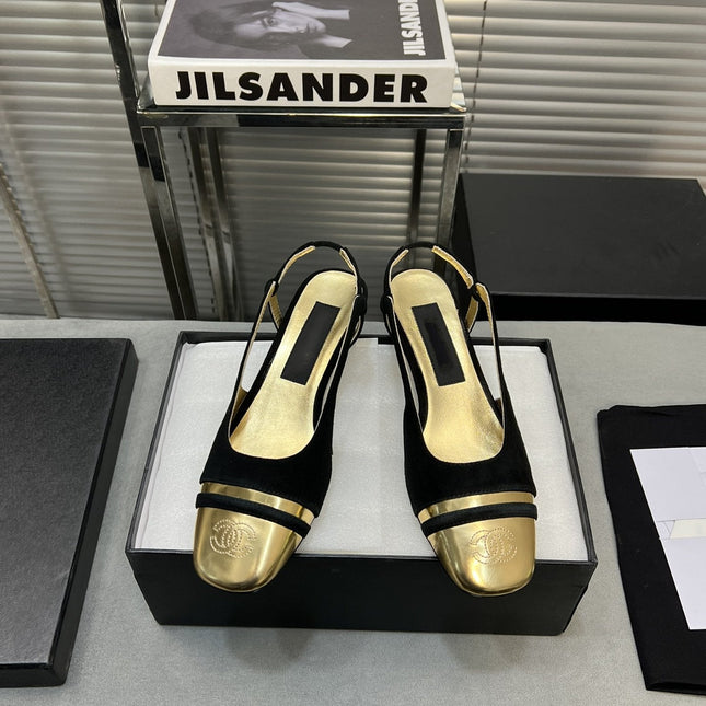 slingback black suede gold metalic lambskin square toe 5.0