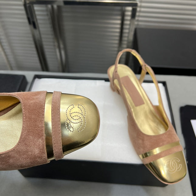 slingback rose suede gold metalic lambskin square toe 5.0