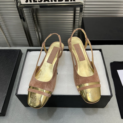 slingback rose suede gold metalic lambskin square toe 5.0