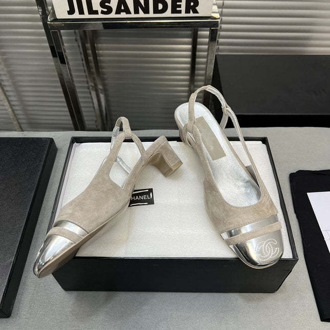 slingback light beige suede silver metalic lambskin square toe 5.0