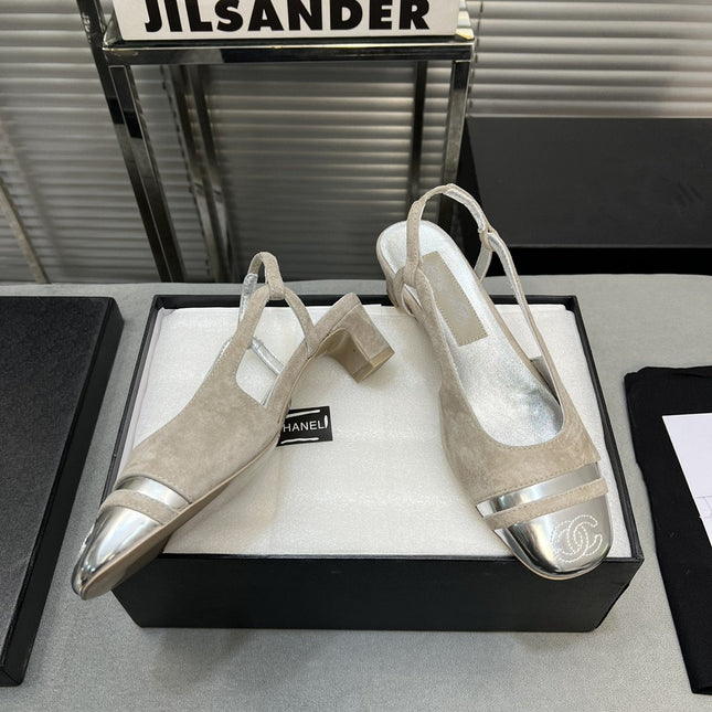 slingback light beige suede silver metalic lambskin square toe 5.0