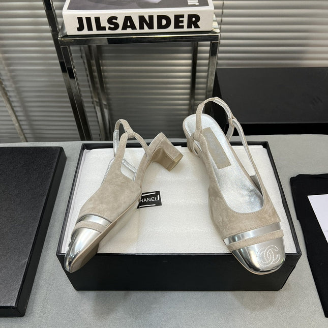 slingback light beige suede silver metalic lambskin square toe 5.0