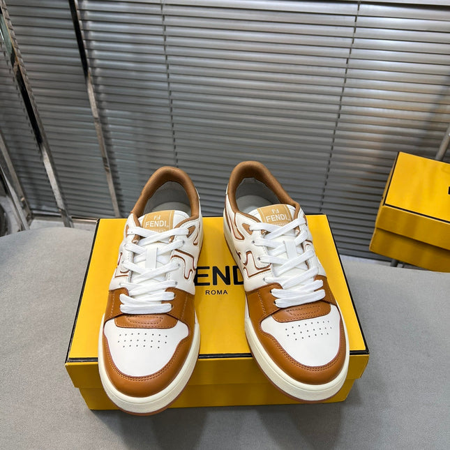 FENDI MATCH LOW TOPS IN RUSSET BROWN MIX WHITE CALFSKIN AND MESH