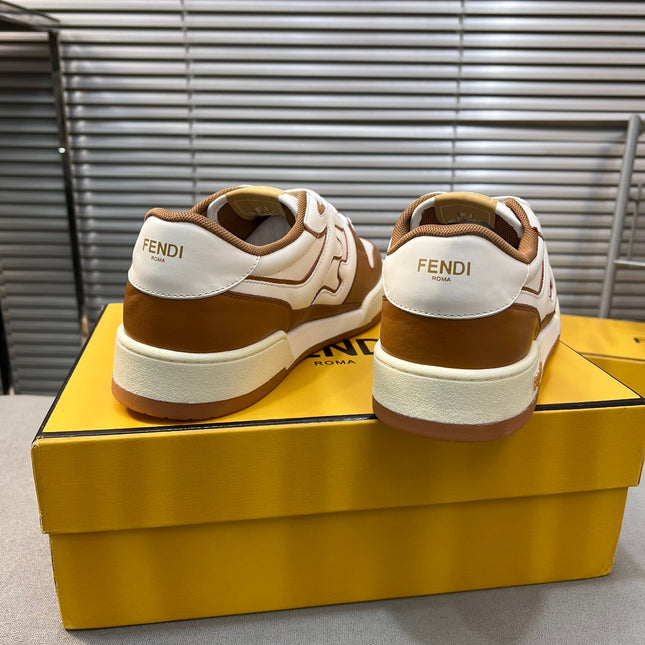 FENDI MATCH LOW TOPS IN RUSSET BROWN MIX WHITE CALFSKIN AND MESH