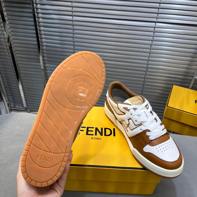 FENDI MATCH LOW TOPS IN RUSSET BROWN MIX WHITE CALFSKIN AND MESH