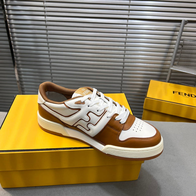 FENDI MATCH LOW TOPS IN RUSSET BROWN MIX WHITE CALFSKIN AND MESH
