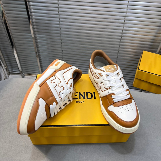 FENDI MATCH LOW TOPS IN RUSSET BROWN MIX WHITE CALFSKIN AND MESH
