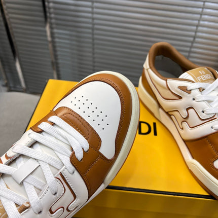 FENDI MATCH LOW TOPS IN RUSSET BROWN MIX WHITE CALFSKIN AND MESH