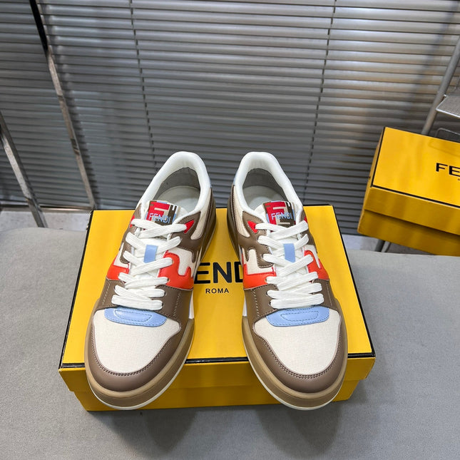 FENDI MATCH LOW TOPS IN COFFEE BROWN MIX WHITE CALFSKIN AND MESH