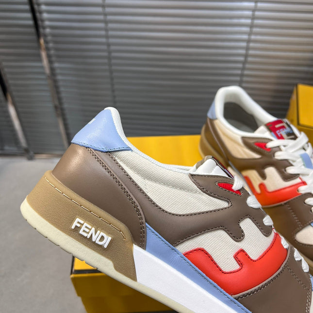 FENDI MATCH LOW TOPS IN COFFEE BROWN MIX WHITE CALFSKIN AND MESH