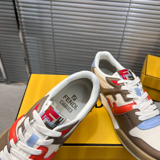 FENDI MATCH LOW TOPS IN COFFEE BROWN MIX WHITE CALFSKIN AND MESH