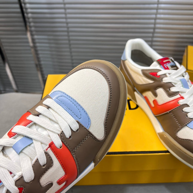 FENDI MATCH LOW TOPS IN COFFEE BROWN MIX WHITE CALFSKIN AND MESH