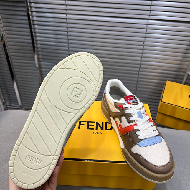 FENDI MATCH LOW TOPS IN COFFEE BROWN MIX WHITE CALFSKIN AND MESH