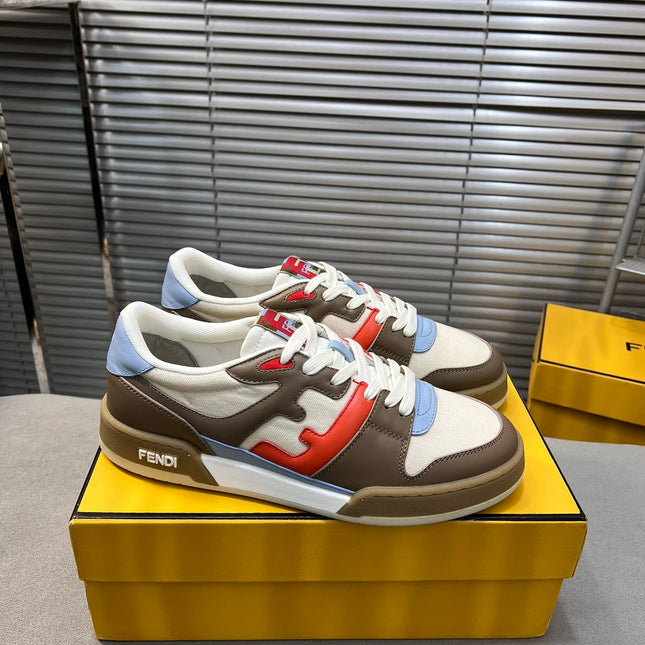 FENDI MATCH LOW TOPS IN COFFEE BROWN MIX WHITE CALFSKIN AND MESH