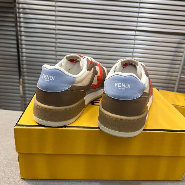 FENDI MATCH LOW TOPS IN COFFEE BROWN MIX WHITE CALFSKIN AND MESH