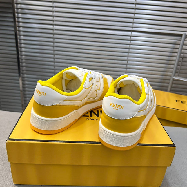 FENDI MATCH LOW TOPS IN BRIGHT YELLOW MIX WHITE CALFSKIN AND MESH