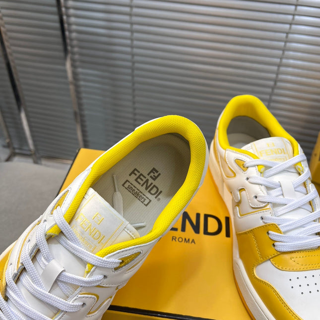 FENDI MATCH LOW TOPS IN BRIGHT YELLOW MIX WHITE CALFSKIN AND MESH