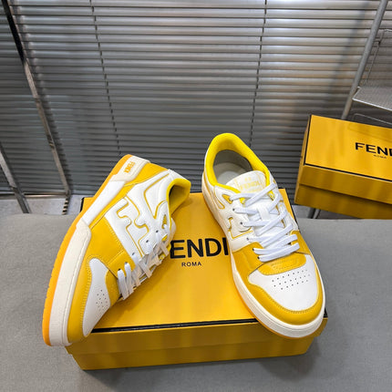 FENDI MATCH LOW TOPS IN BRIGHT YELLOW MIX WHITE CALFSKIN AND MESH
