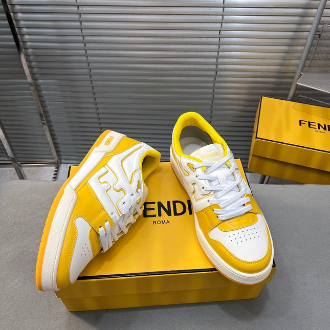 FENDI MATCH LOW TOPS IN BRIGHT YELLOW MIX WHITE CALFSKIN AND MESH
