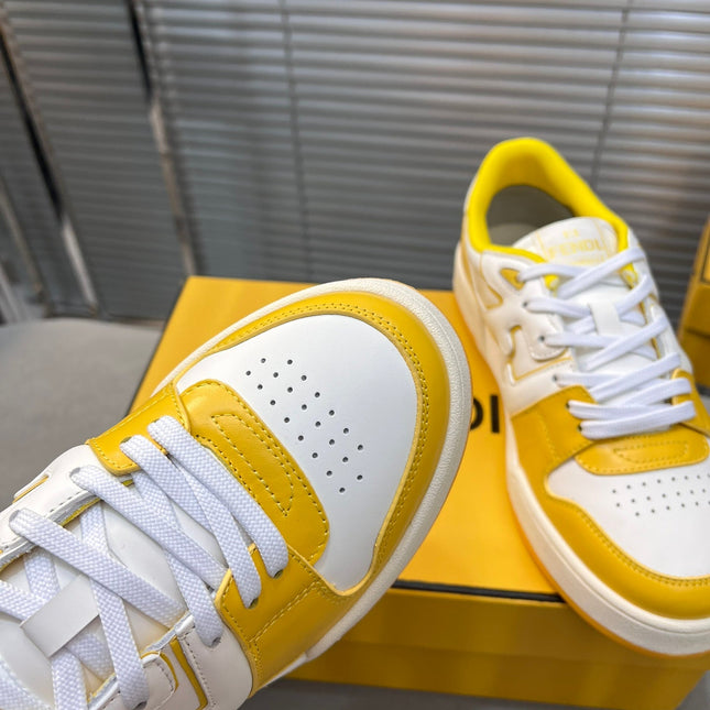 FENDI MATCH LOW TOPS IN BRIGHT YELLOW MIX WHITE CALFSKIN AND MESH