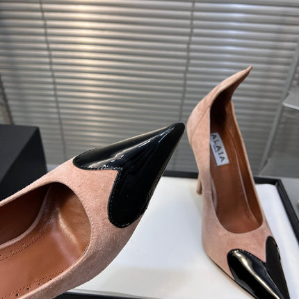 ALAIA HIGH PUMPS 10CM IN ALMOND BEIGE SUEDE MIX BLACK CALFSKIN