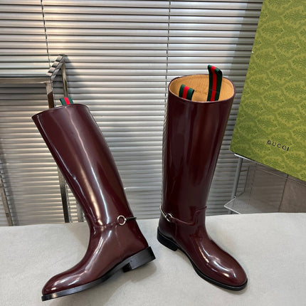 SLIM HORSEBIT KNEE BOOTS WITH WEB IN WINE RED GLOSSY CALFSKIN
