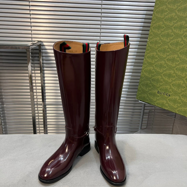 SLIM HORSEBIT KNEE BOOTS WITH WEB IN WINE RED GLOSSY CALFSKIN