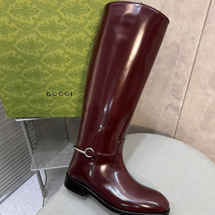 SLIM HORSEBIT KNEE BOOTS WITH WEB IN WINE RED GLOSSY CALFSKIN