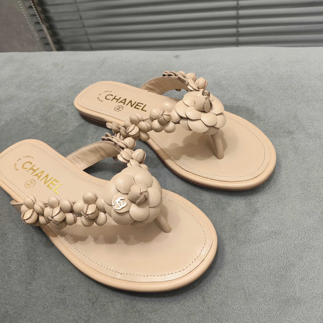 THONG SLIPPERS CAMELLIA IN BEIGE CALFSKIN