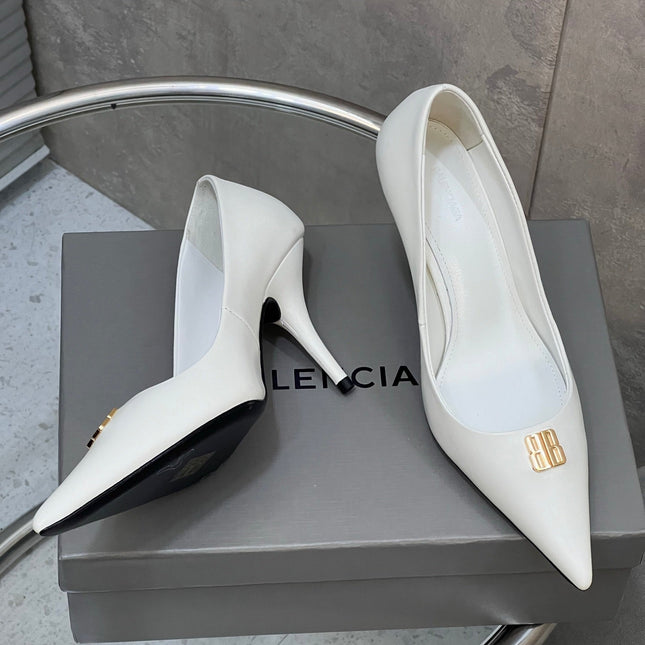 BALENCIAGA 25S HIGH-HEEL SHOES 85 MM IN WHITE COW LEATHER WITH GOLD HARDWARE