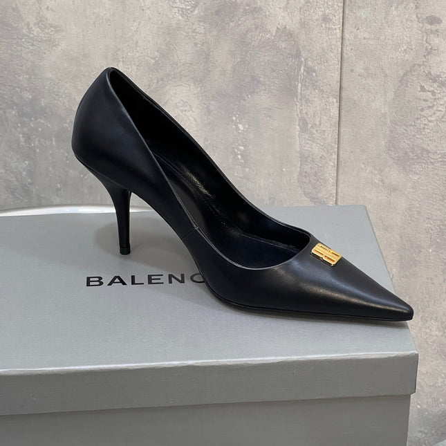 BALENCIAGA 25S HIGH-HEEL SHOES 85 MM IN BLACK COW LEATHER WITH GOLD HARDWARE